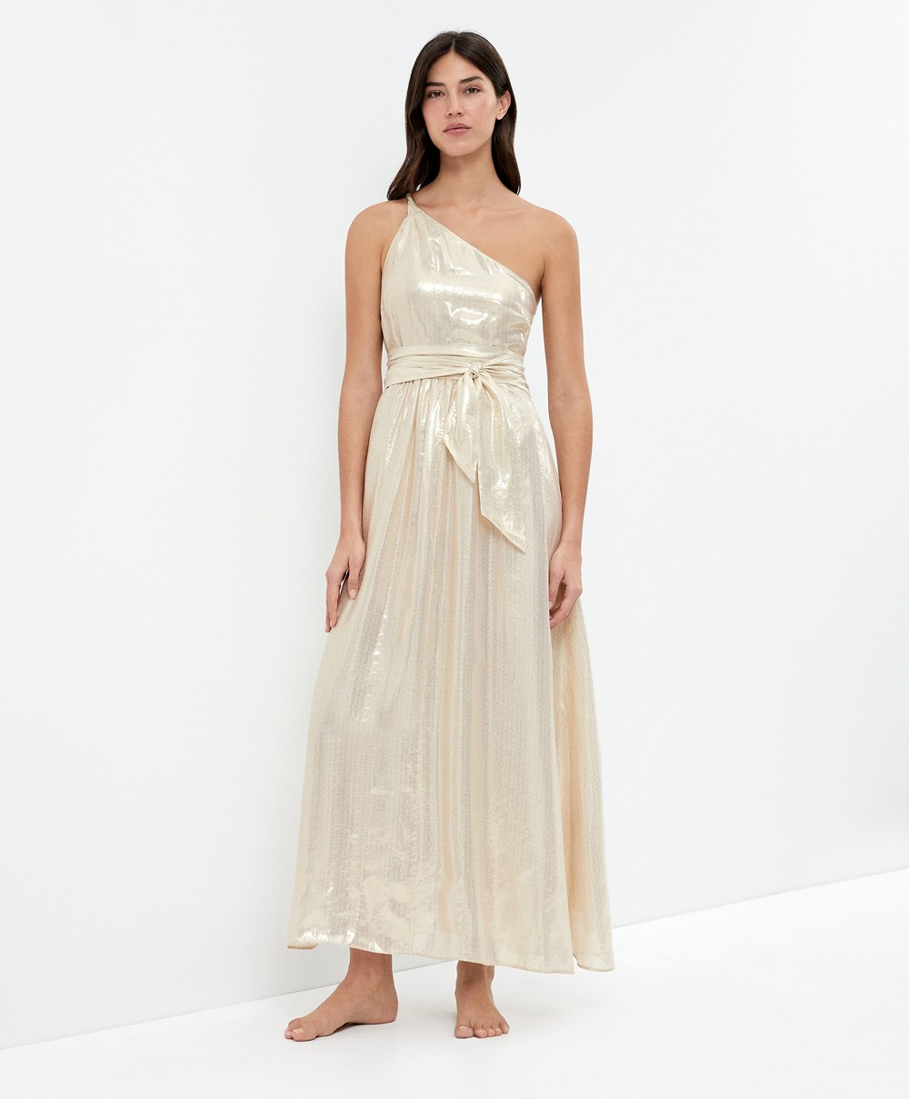 Oysho Long Asymmetric Silk Kjoler With Metallic Thread Hvite Gull | NHBR64058