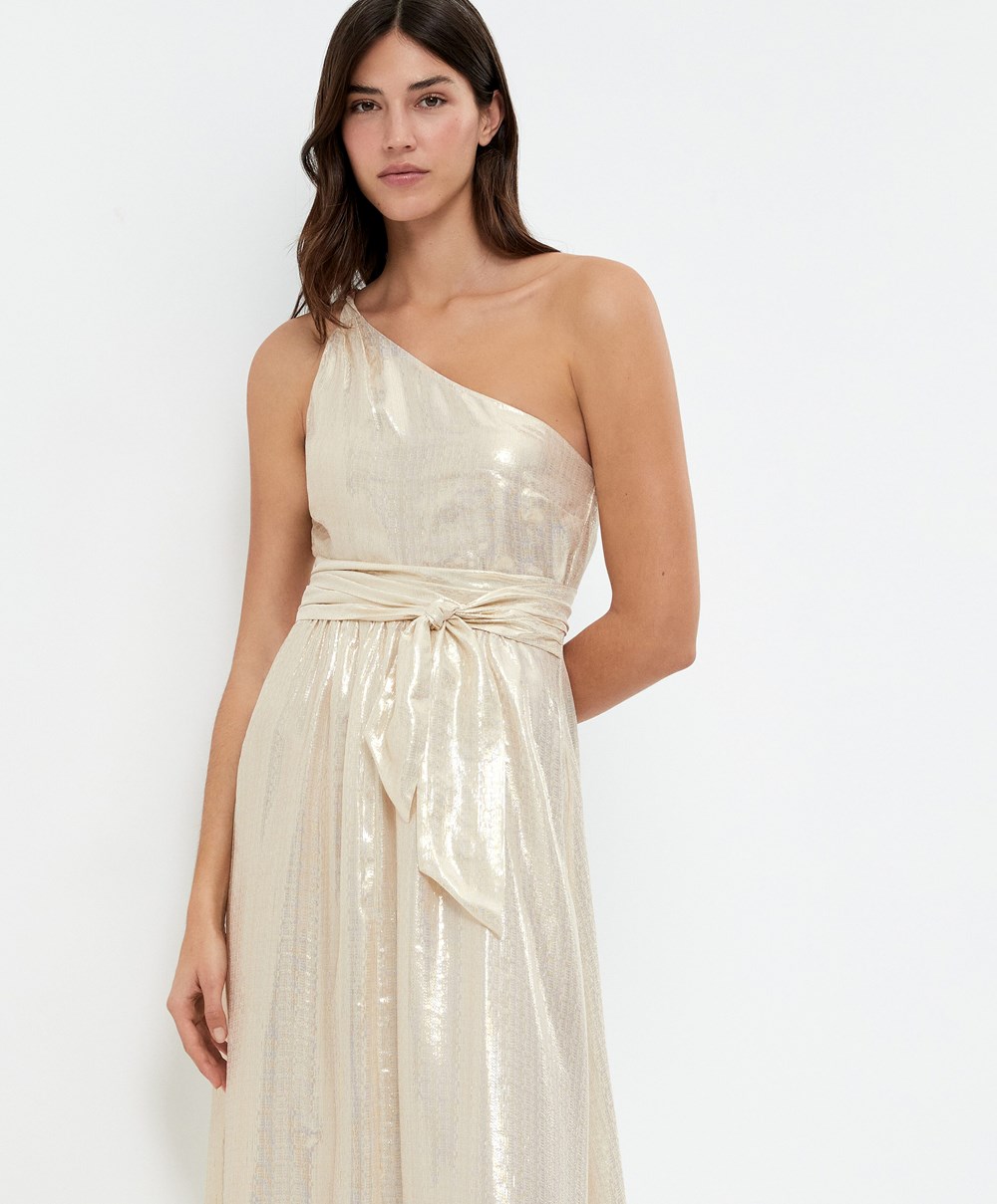 Oysho Long Asymmetric Silk Kjoler With Metallic Thread Hvite Gull | NHBR64058