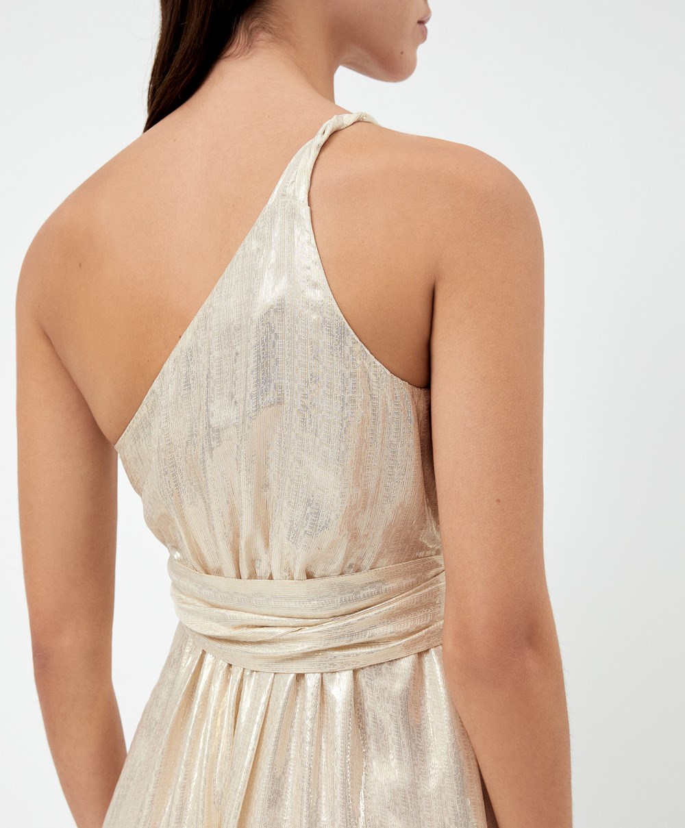 Oysho Long Asymmetric Silk Kjoler With Metallic Thread Hvite Gull | NHBR64058