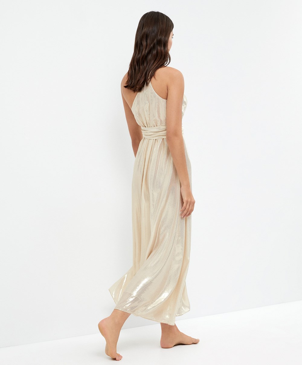 Oysho Long Asymmetric Silk Kjoler With Metallic Thread Hvite Gull | NHBR64058