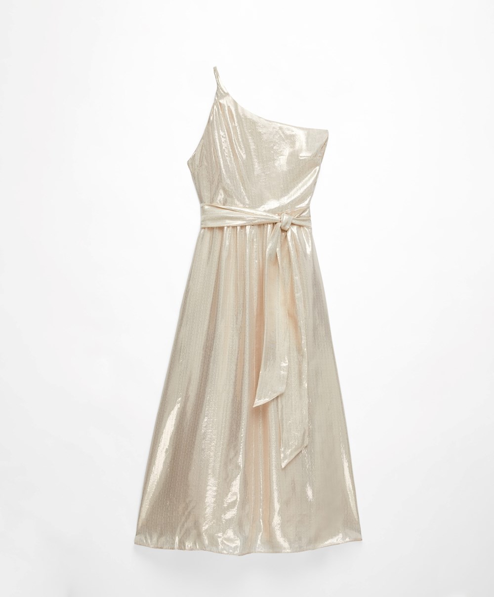 Oysho Long Asymmetric Silk Kjoler With Metallic Thread Hvite Gull | NHBR64058