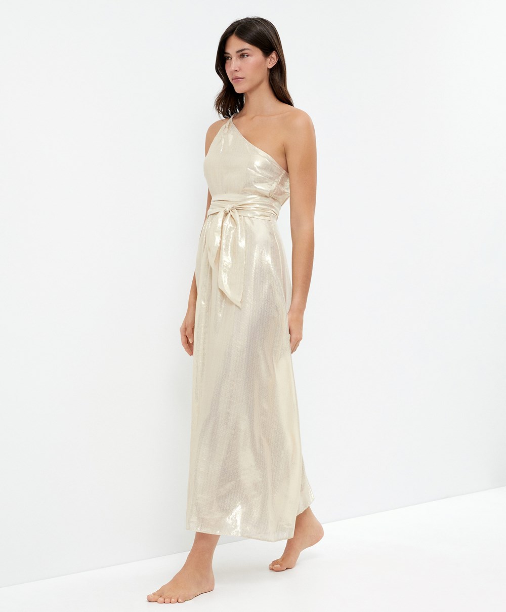 Oysho Long Asymmetric Silk Kjoler With Metallic Thread Hvite Gull | NHBR64058