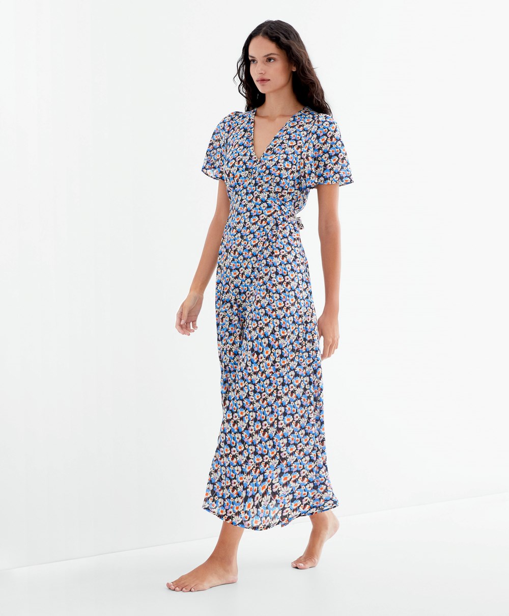 Oysho Long Floral Kjoler Blå | QXES93167