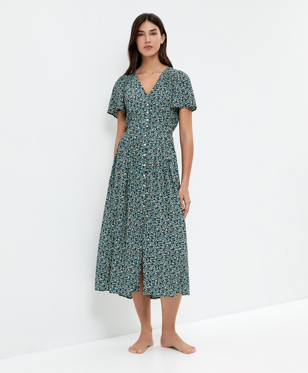 Oysho Long Floral Kjoler Marineblå | HZQS05263