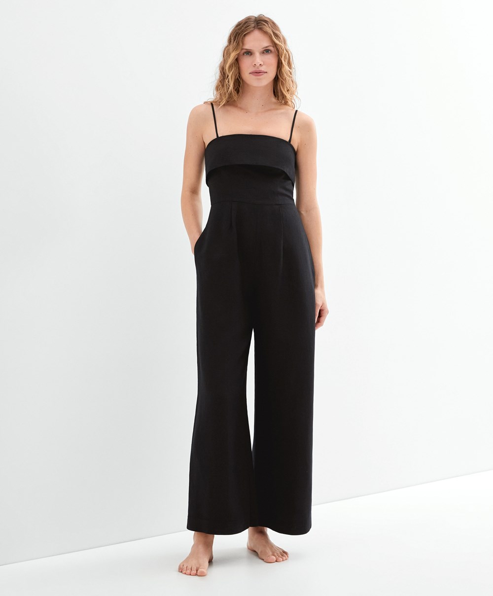 Oysho Long Linen Bandeau Jumpsuit Svarte | JNYA07235