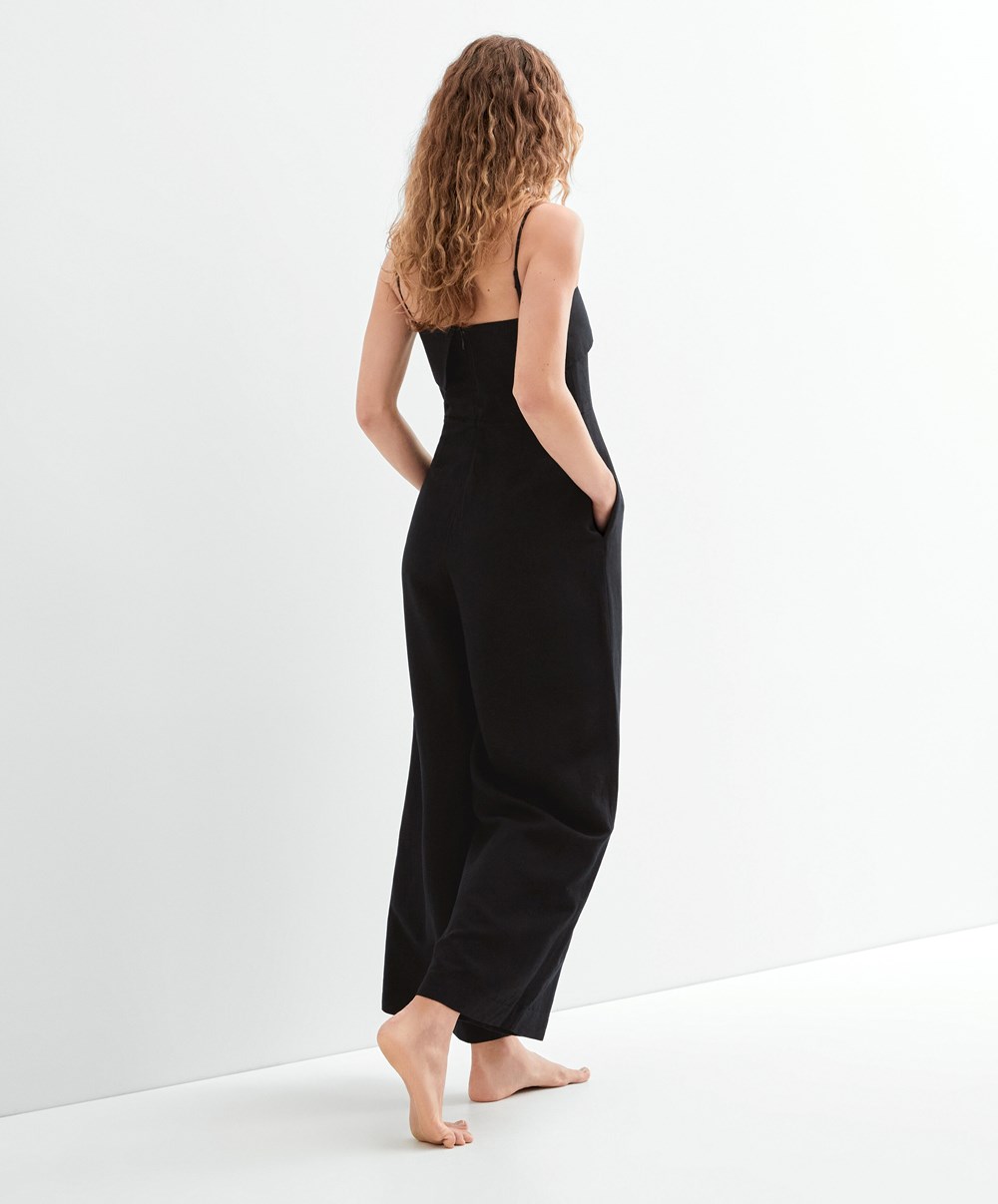 Oysho Long Linen Bandeau Jumpsuit Svarte | JNYA07235