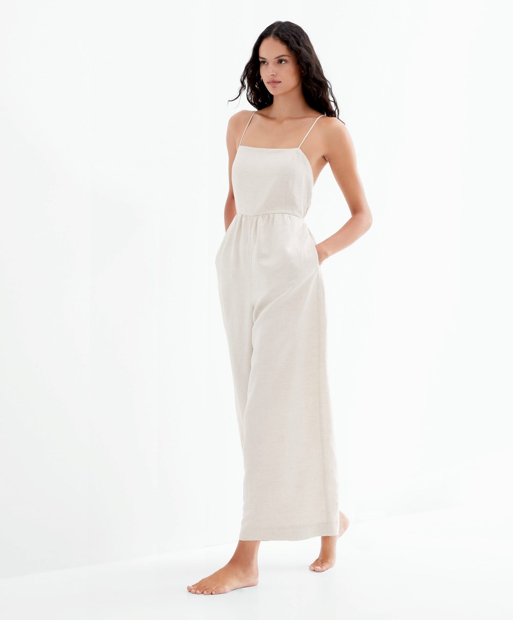 Oysho Long Linen Jumpsuit Sand Melange | TWRC59846