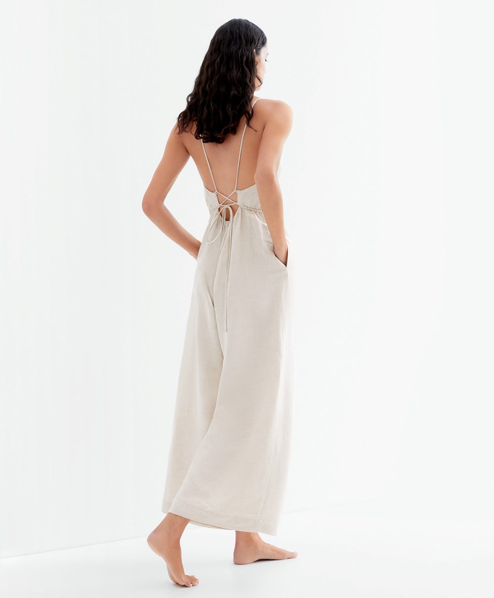 Oysho Long Linen Jumpsuit Sand Melange | TWRC59846