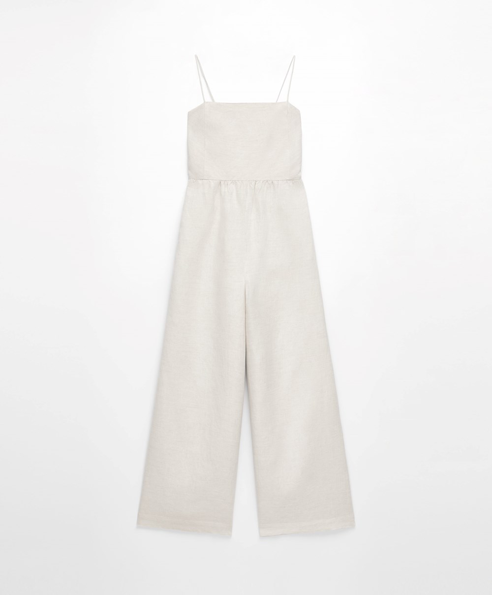 Oysho Long Linen Jumpsuit Sand Melange | TWRC59846