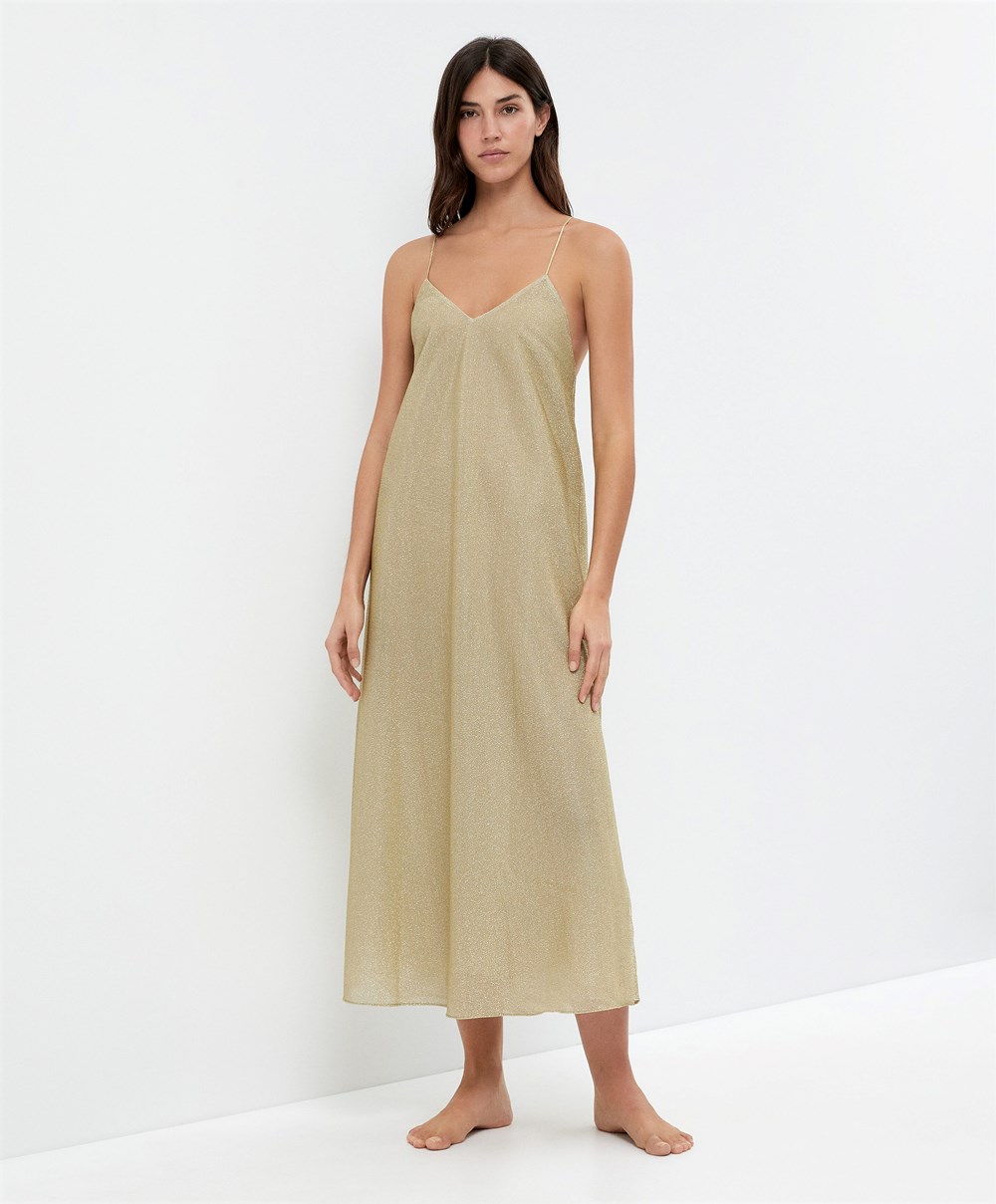 Oysho Long Metallic Thread Kjoler Gull | AFXR49256