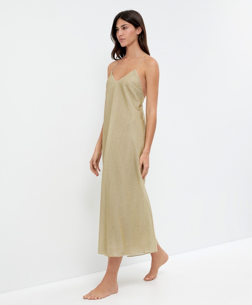 Oysho Long Metallic Thread Kjoler Gull | AFXR49256