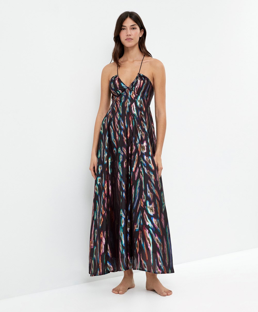 Oysho Long Printed Strappy Kjoler Svarte | GWNK57392