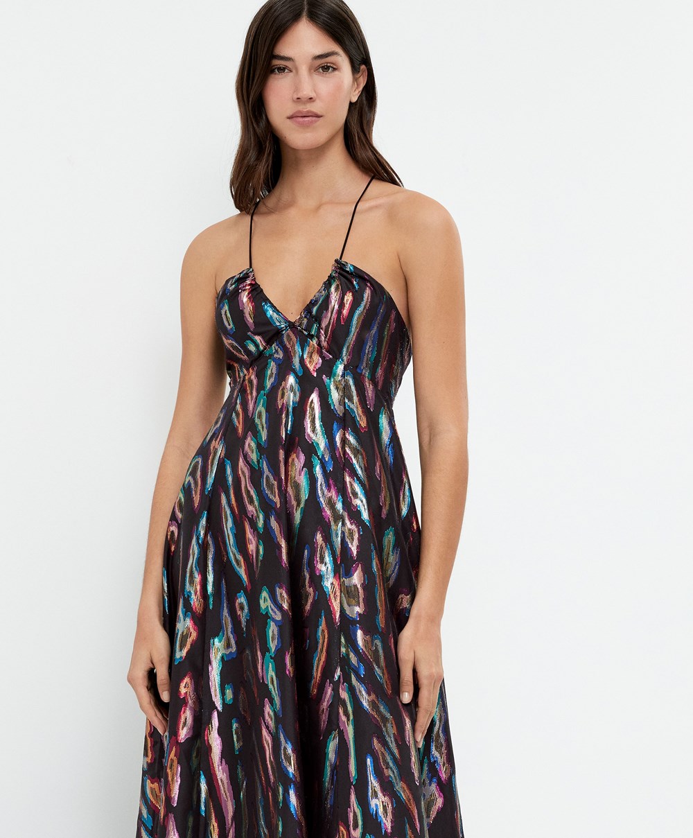 Oysho Long Printed Strappy Kjoler Svarte | GWNK57392