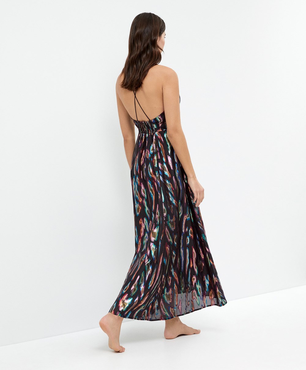 Oysho Long Printed Strappy Kjoler Svarte | GWNK57392