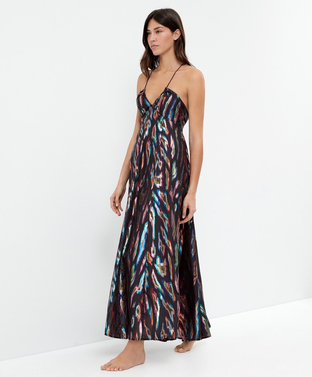 Oysho Long Printed Strappy Kjoler Svarte | GWNK57392