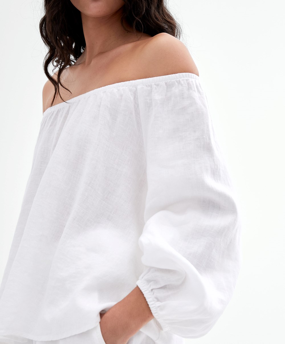 Oysho Long-sleeved 100% Linen Blouse Hvite | ZAHK89506