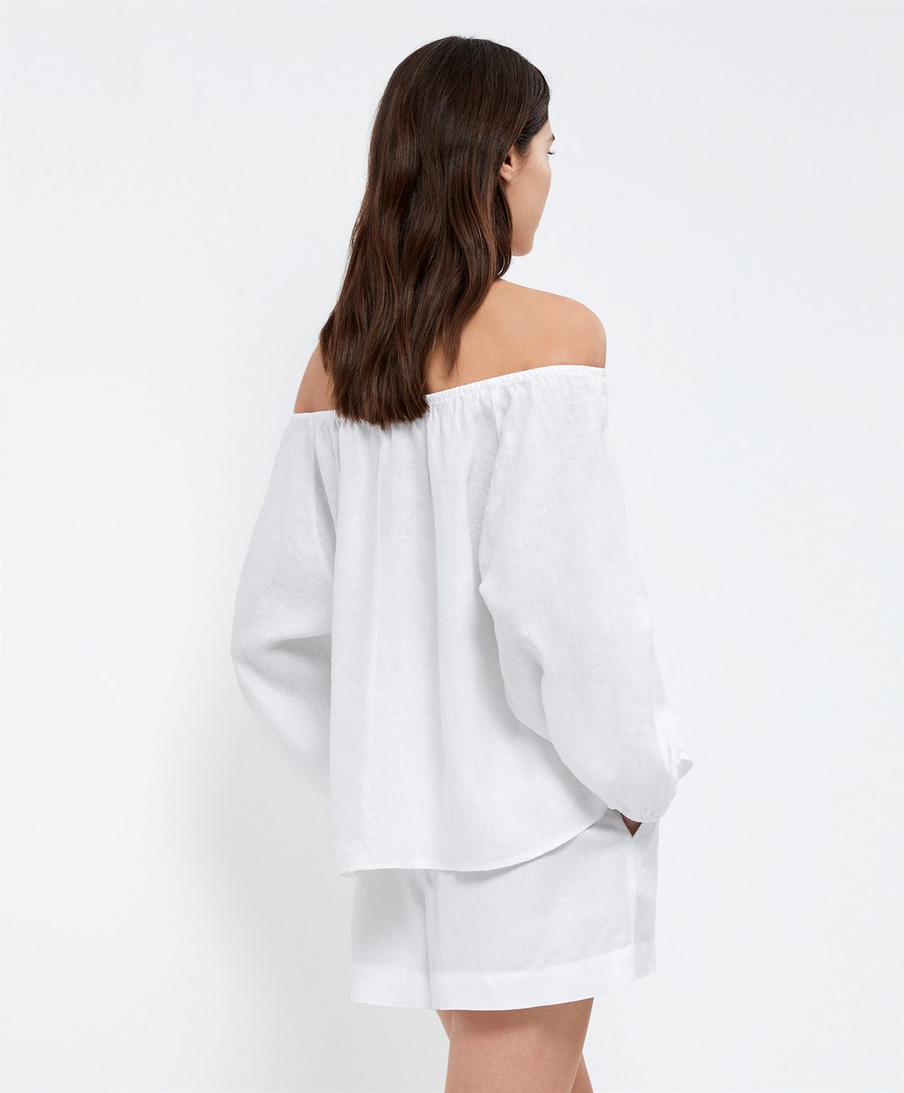 Oysho Long-sleeved 100% Linen Blouse Hvite | ZAHK89506