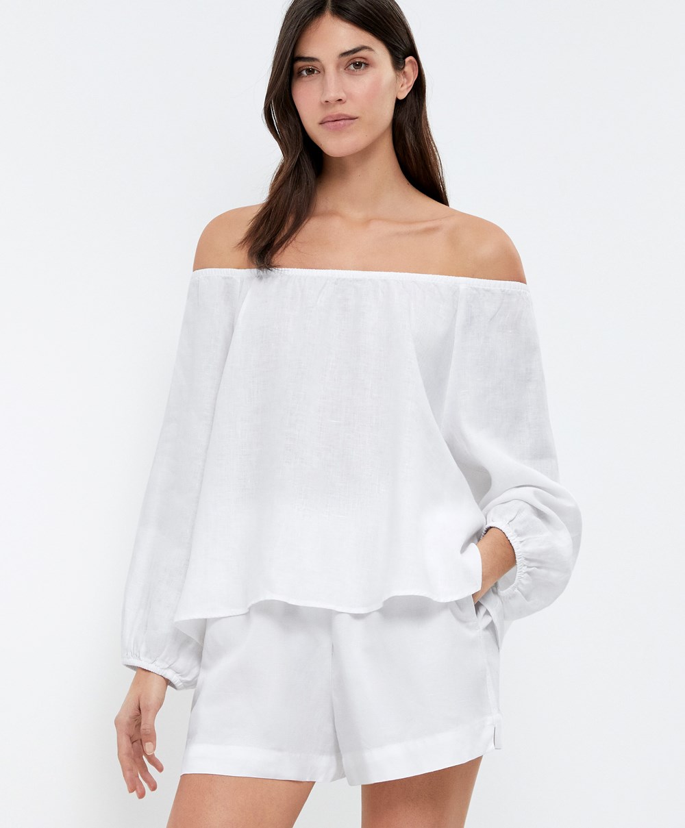 Oysho Long-sleeved 100% Linen Blouse Hvite | ZAHK89506