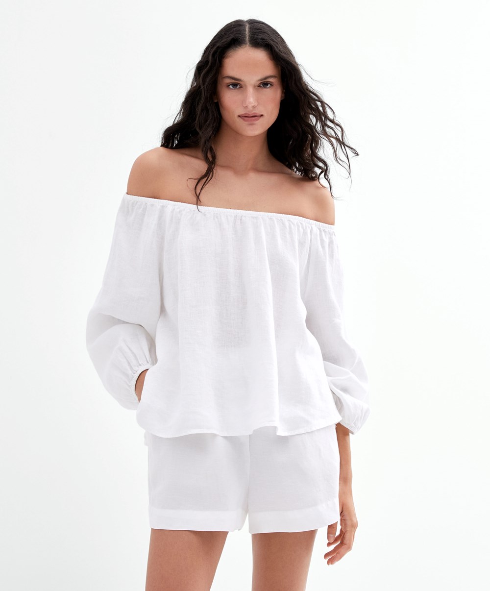 Oysho Long-sleeved 100% Linen Blouse Hvite | ZAHK89506