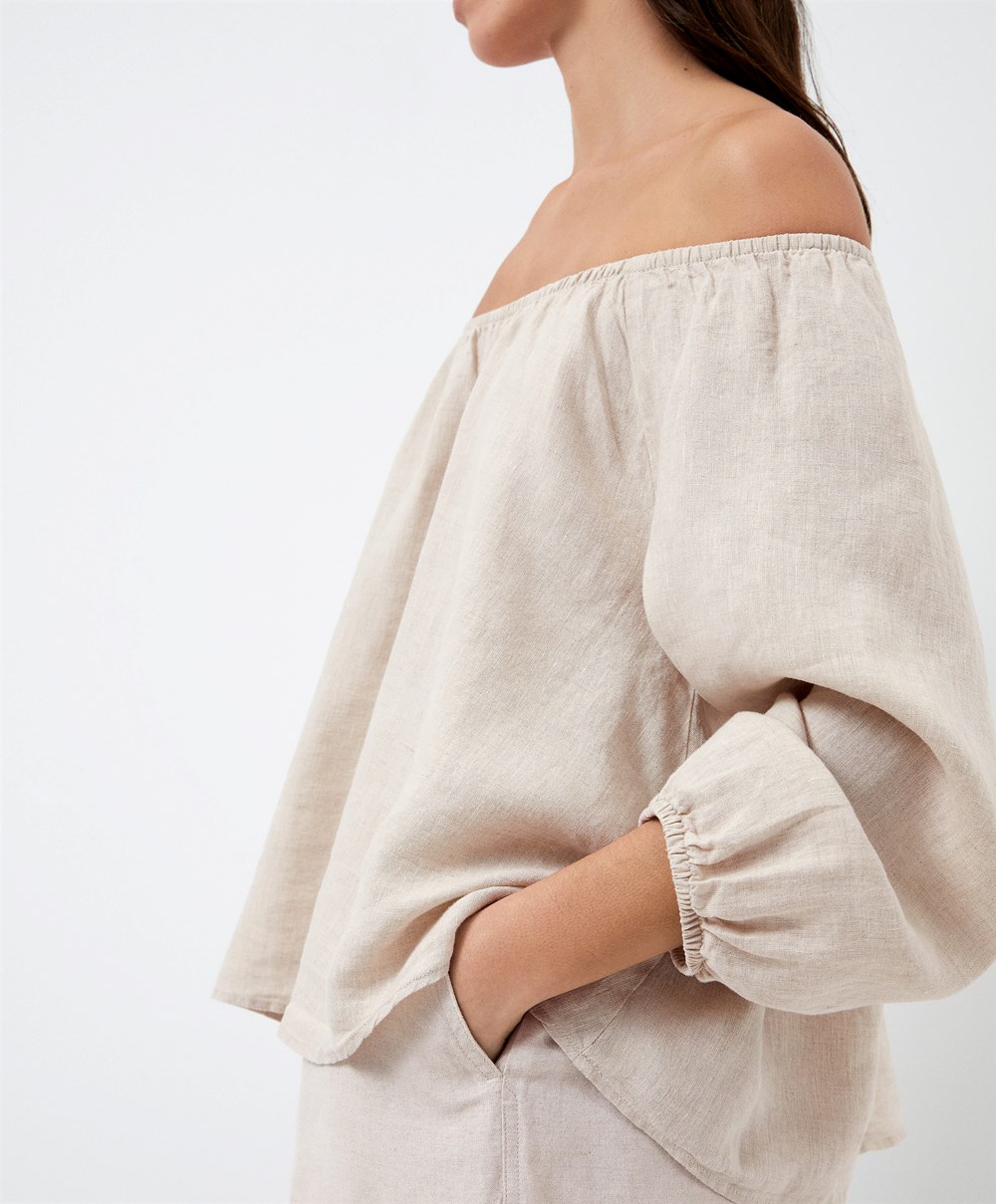 Oysho Long-sleeved 100% Linen Blouse Sand Melange | HFQW16935