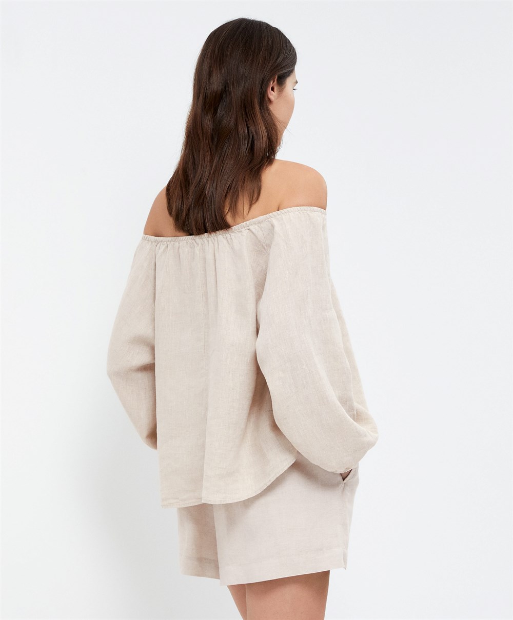 Oysho Long-sleeved 100% Linen Blouse Sand Melange | HFQW16935