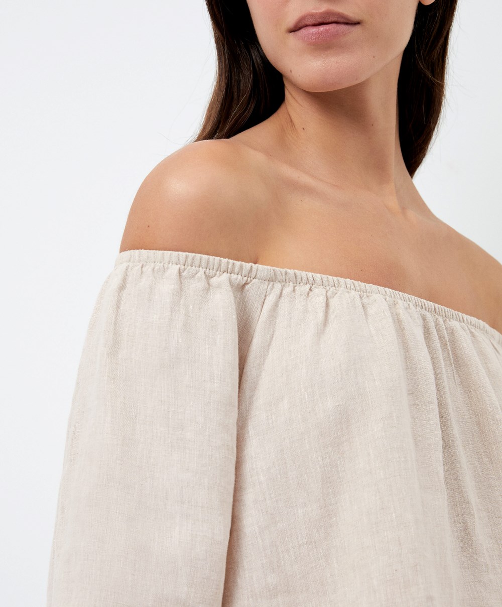 Oysho Long-sleeved 100% Linen Blouse Sand Melange | HFQW16935