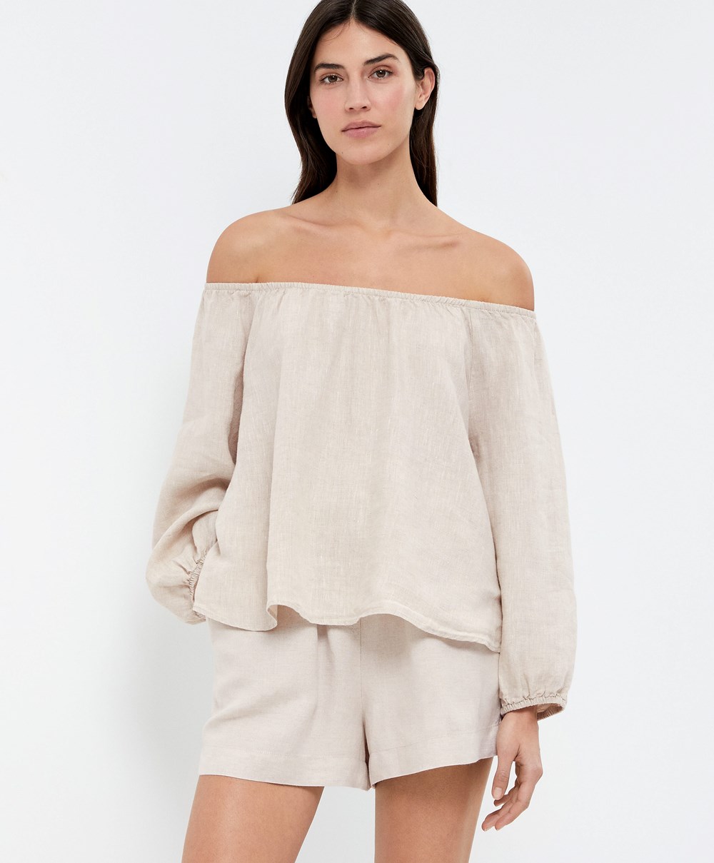 Oysho Long-sleeved 100% Linen Blouse Sand Melange | HFQW16935