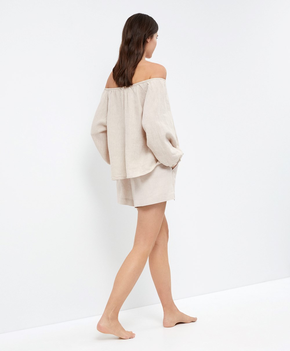 Oysho Long-sleeved 100% Linen Blouse Sand Melange | HFQW16935