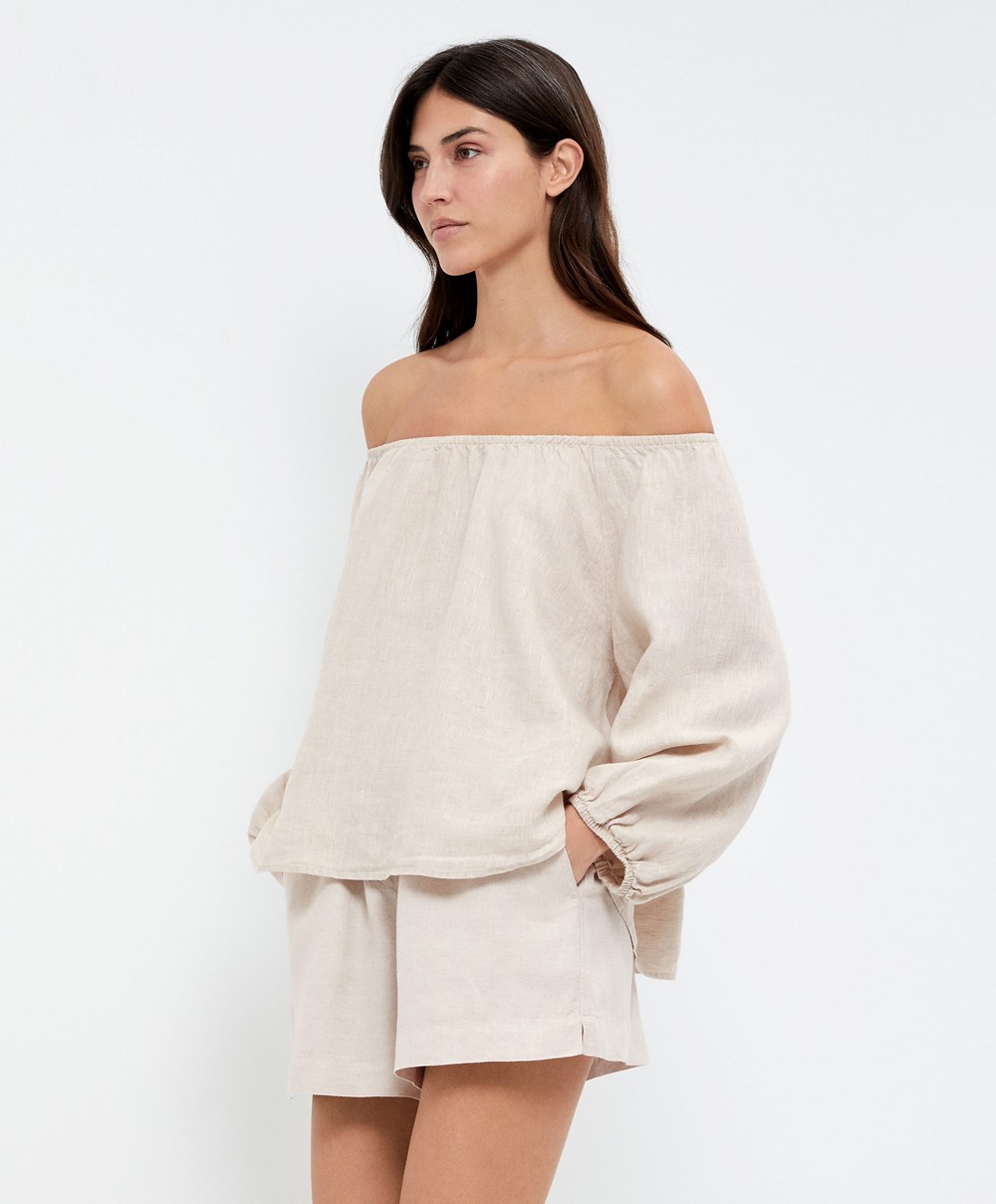 Oysho Long-sleeved 100% Linen Blouse Sand Melange | HFQW16935