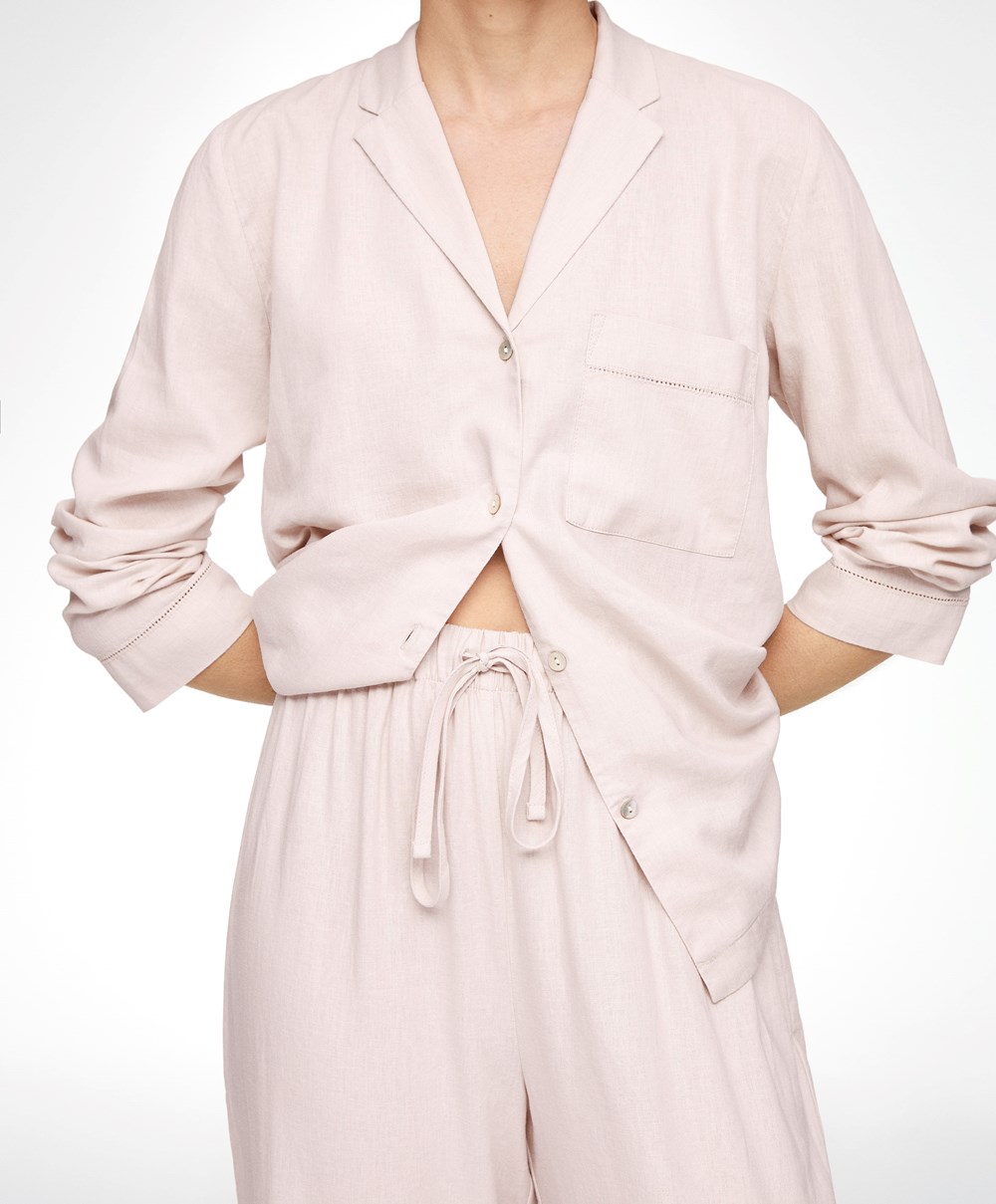 Oysho Long-sleeved Linen Shirt Beige | ITFN61245