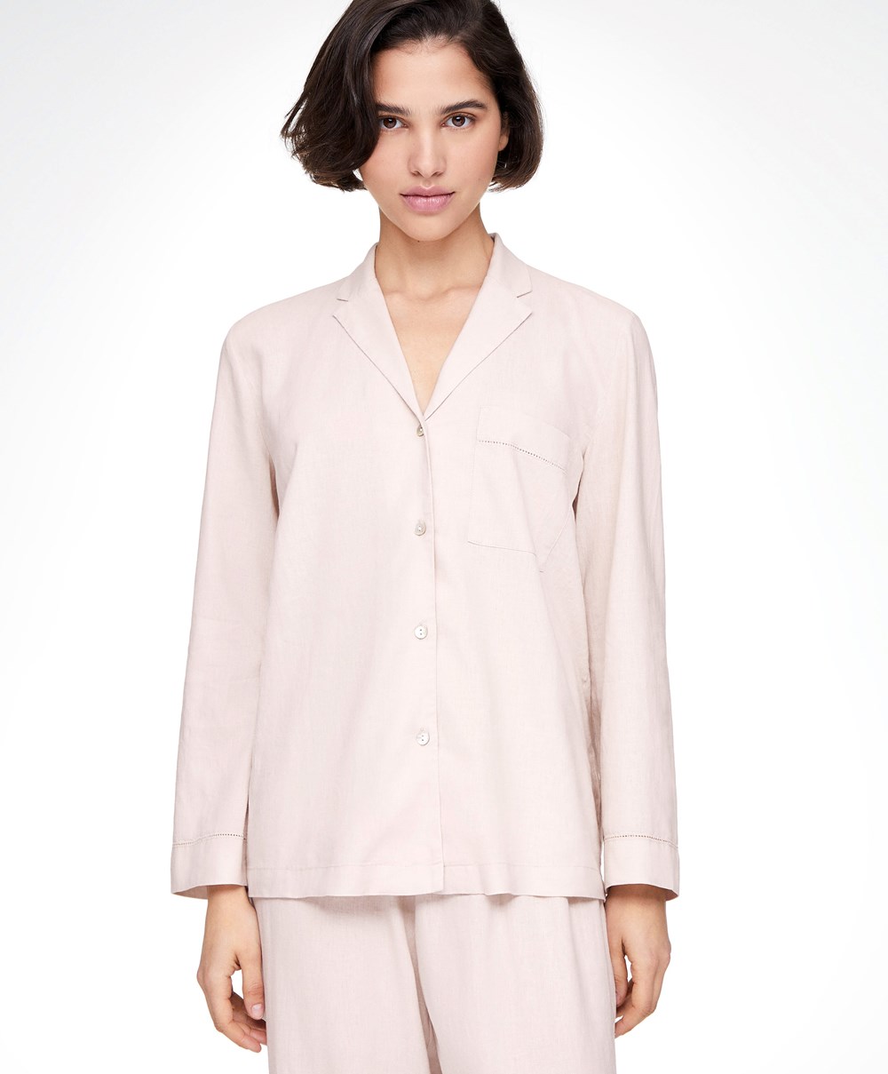 Oysho Long-sleeved Linen Shirt Beige | JQMV20853