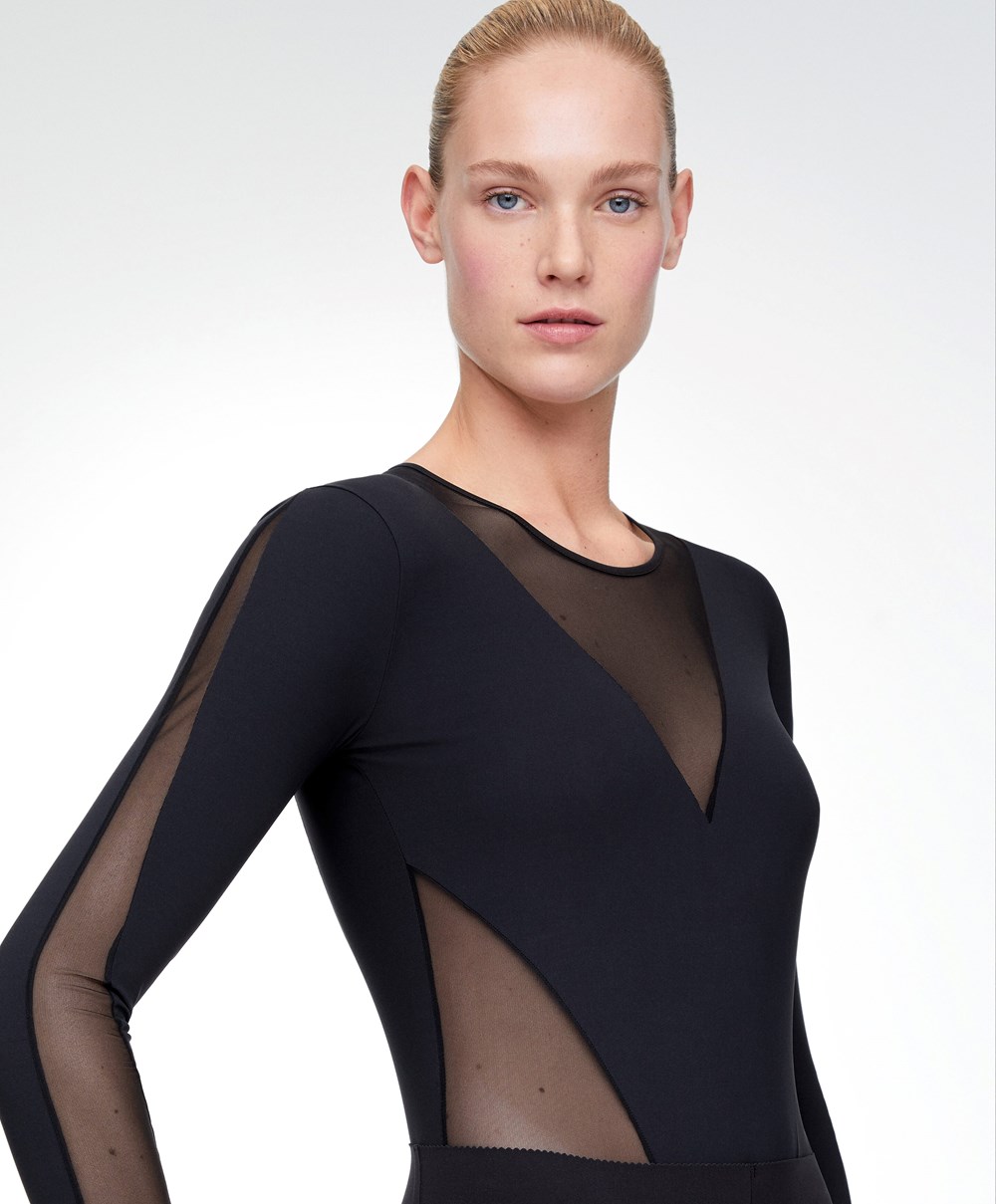 Oysho Long-sleeved Sheers Top Svarte | XAQY19580