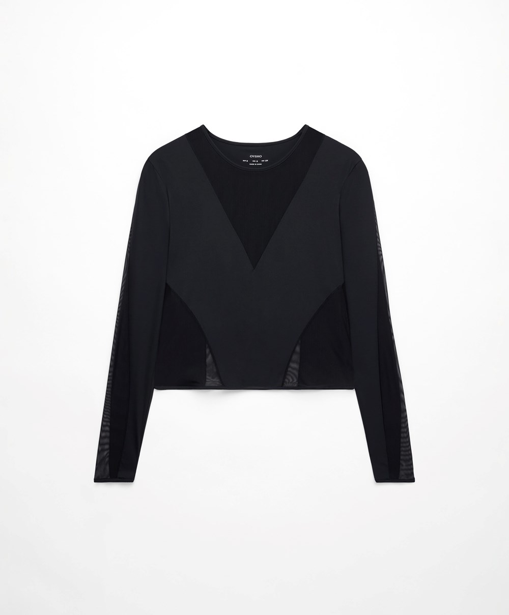 Oysho Long-sleeved Sheers Top Svarte | XAQY19580