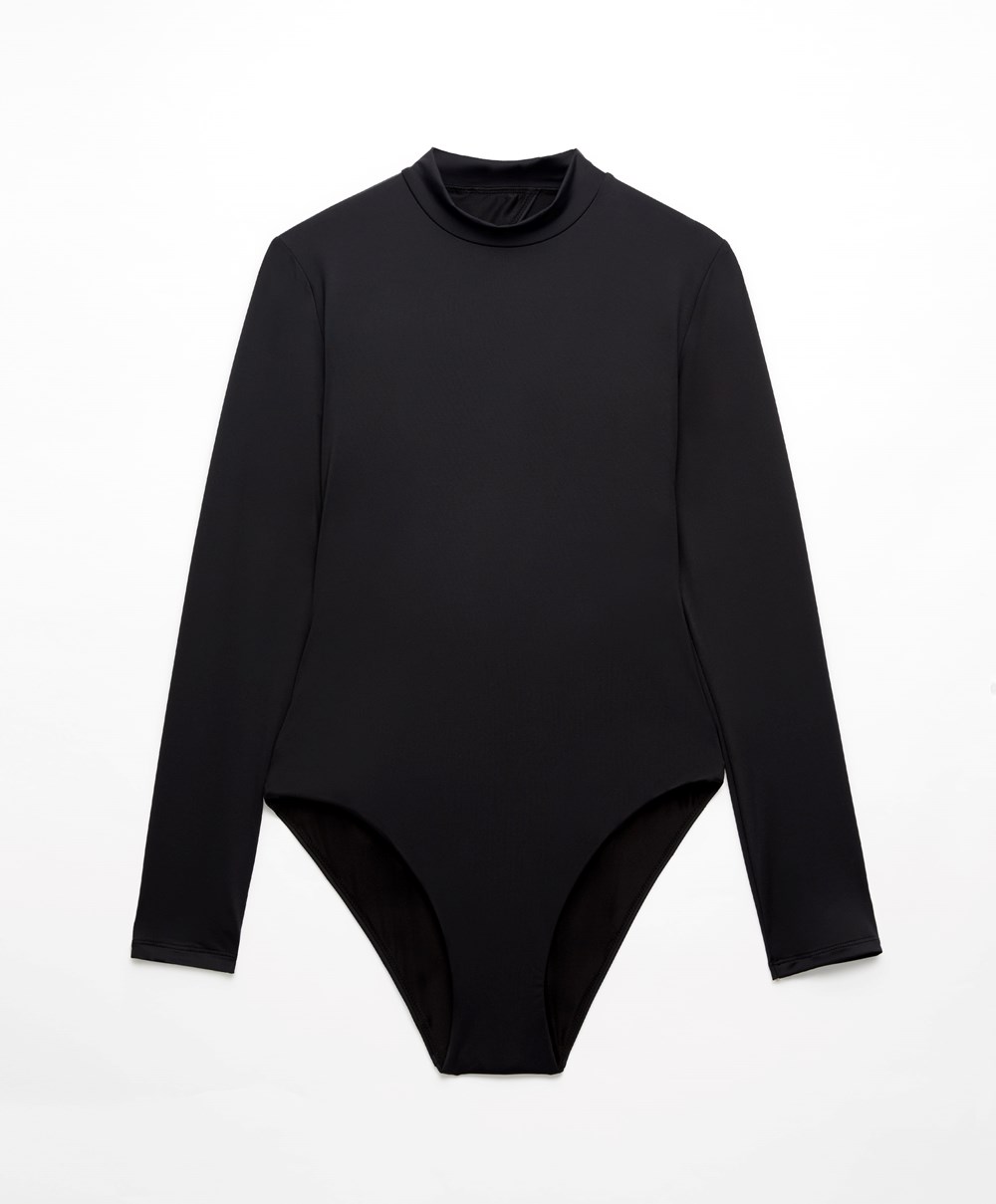 Oysho Long-sleeved Swimsuit Svarte | DRIS71563