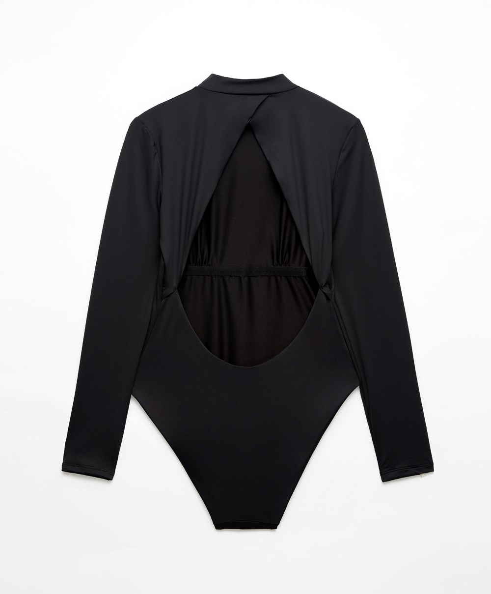 Oysho Long-sleeved Swimsuit Svarte | DRIS71563