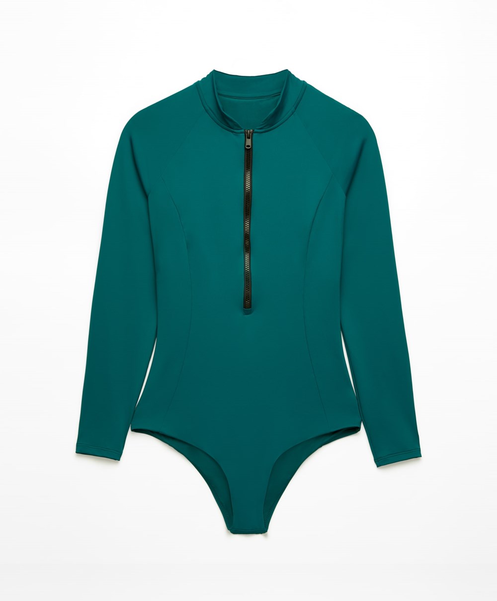 Oysho Long-sleeved Zip Swimsuit Grønn | BCHP89623