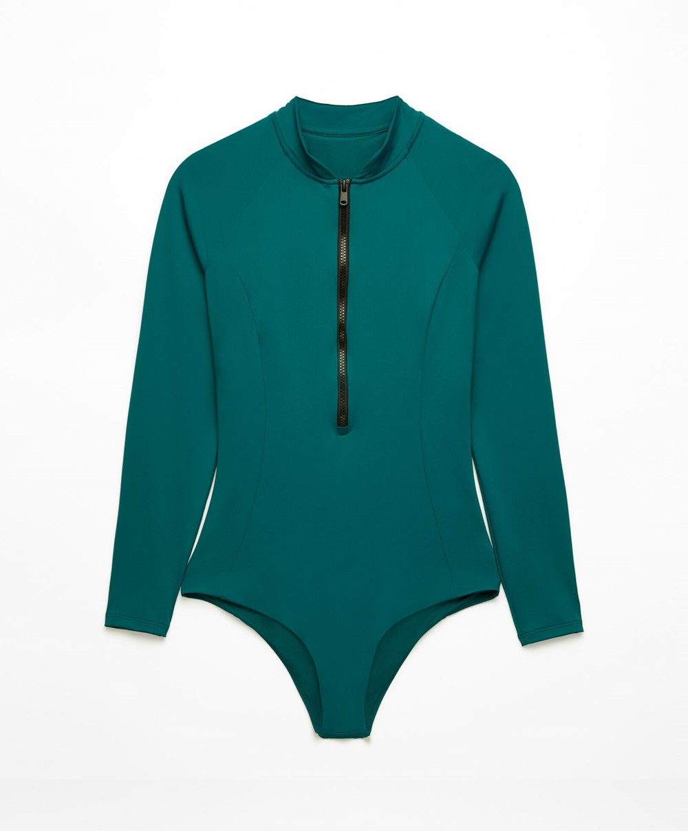 Oysho Long-sleeved Zip Swimsuit Grønn | FDKJ01467