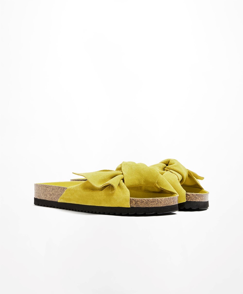 Oysho Lær Bow Sandals Lime | CSHQ97168