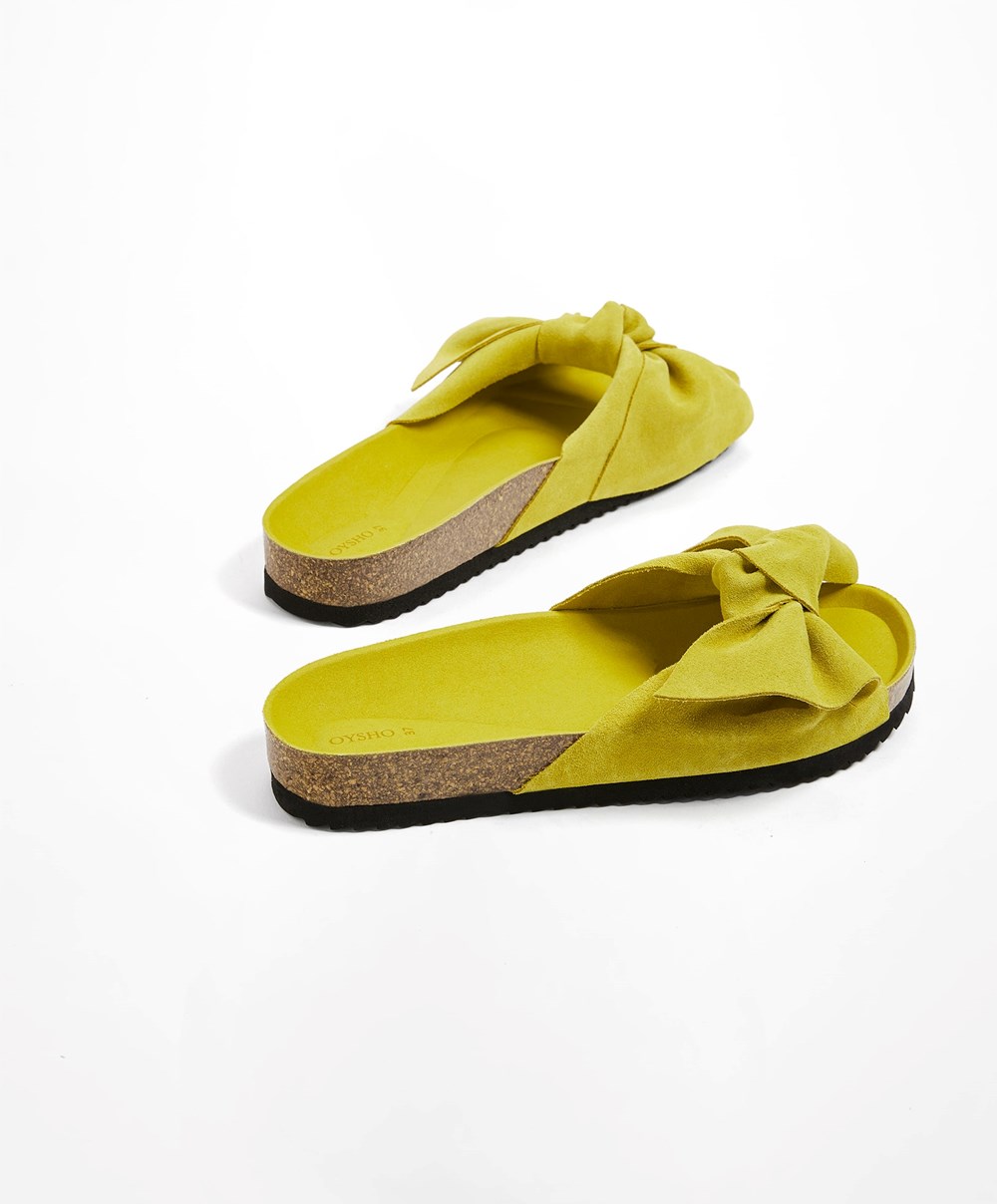 Oysho Lær Bow Sandals Lime | CSHQ97168