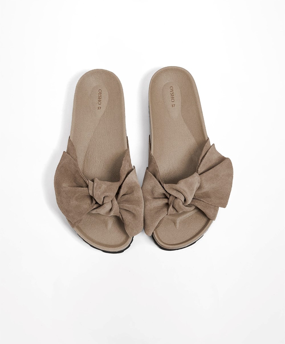 Oysho Lær Bow Sandals Mink | BMIF83241