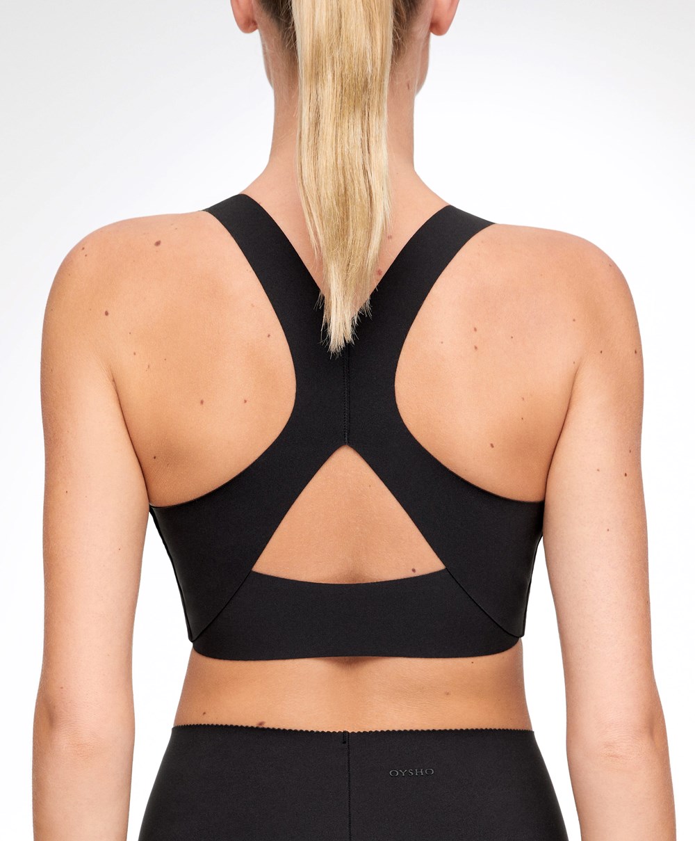 Oysho Medium Support Compressive Sports Bra Svarte | TUMY46173