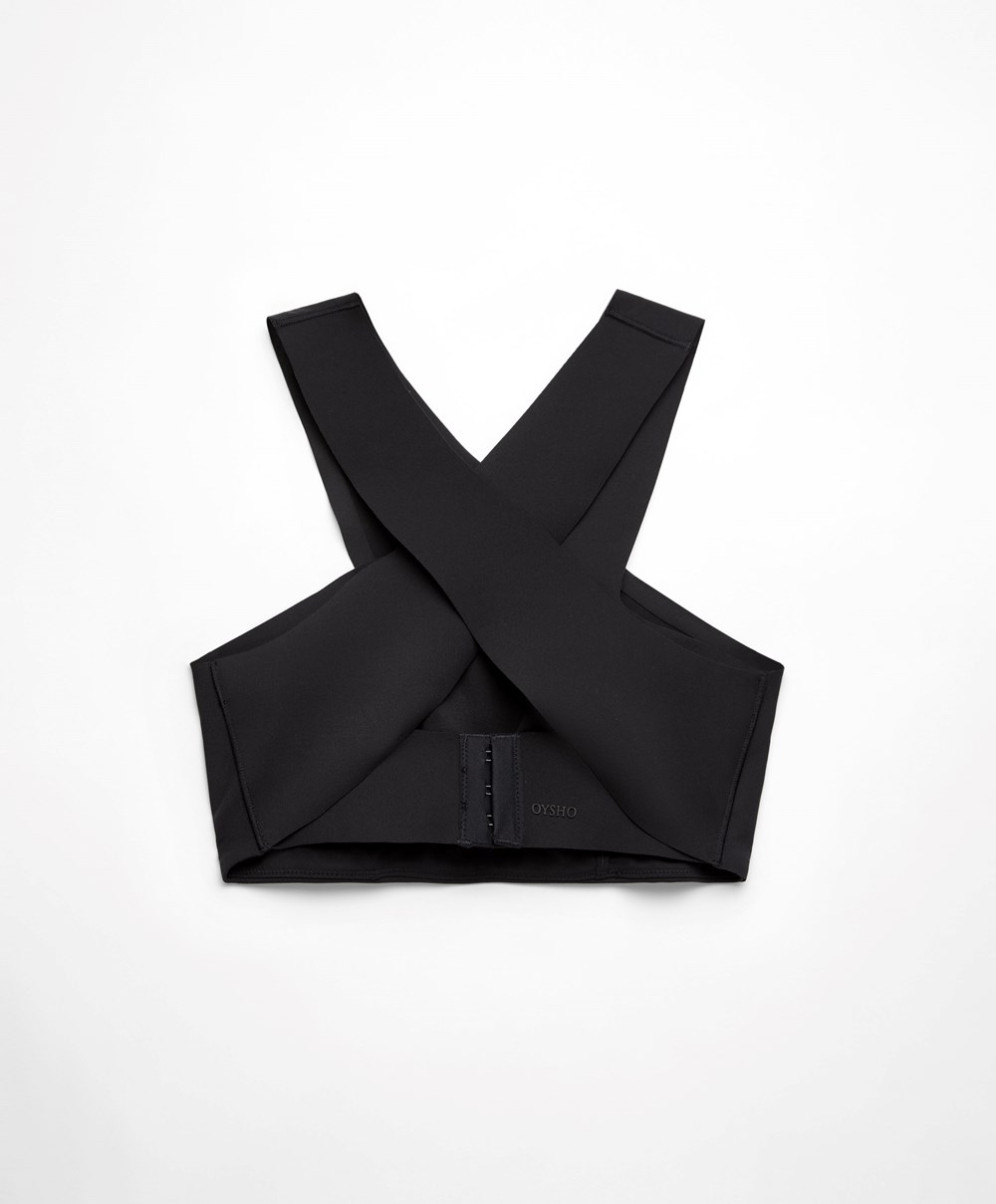 Oysho Medium Support Compressive Sports Bra Svarte | UXLS50176