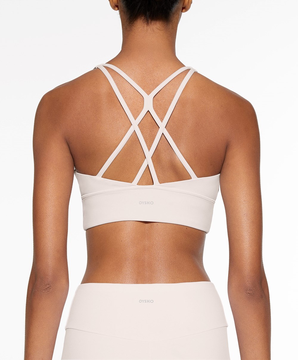 Oysho Medium-support Sports Bra With Cups Ivory Ecru | WGZN15964