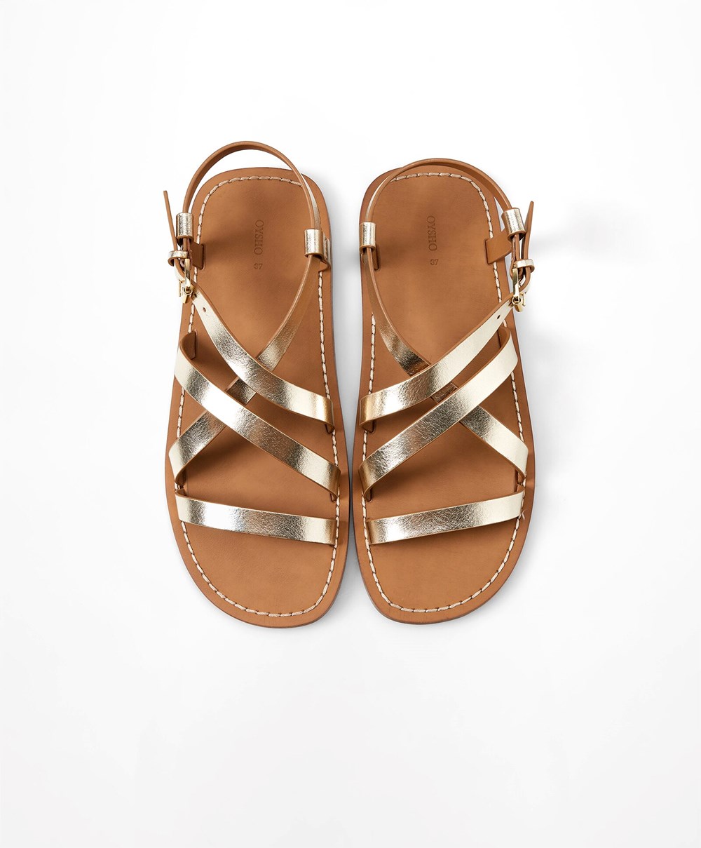 Oysho Metallic Lær Sandals Gull | HBLD97462