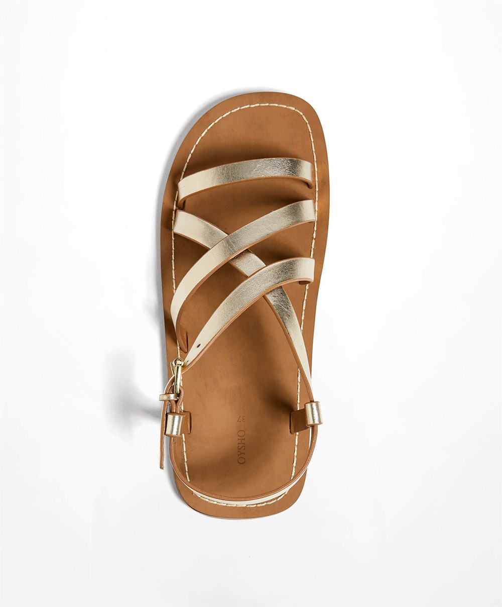 Oysho Metallic Lær Sandals Gull | HBLD97462