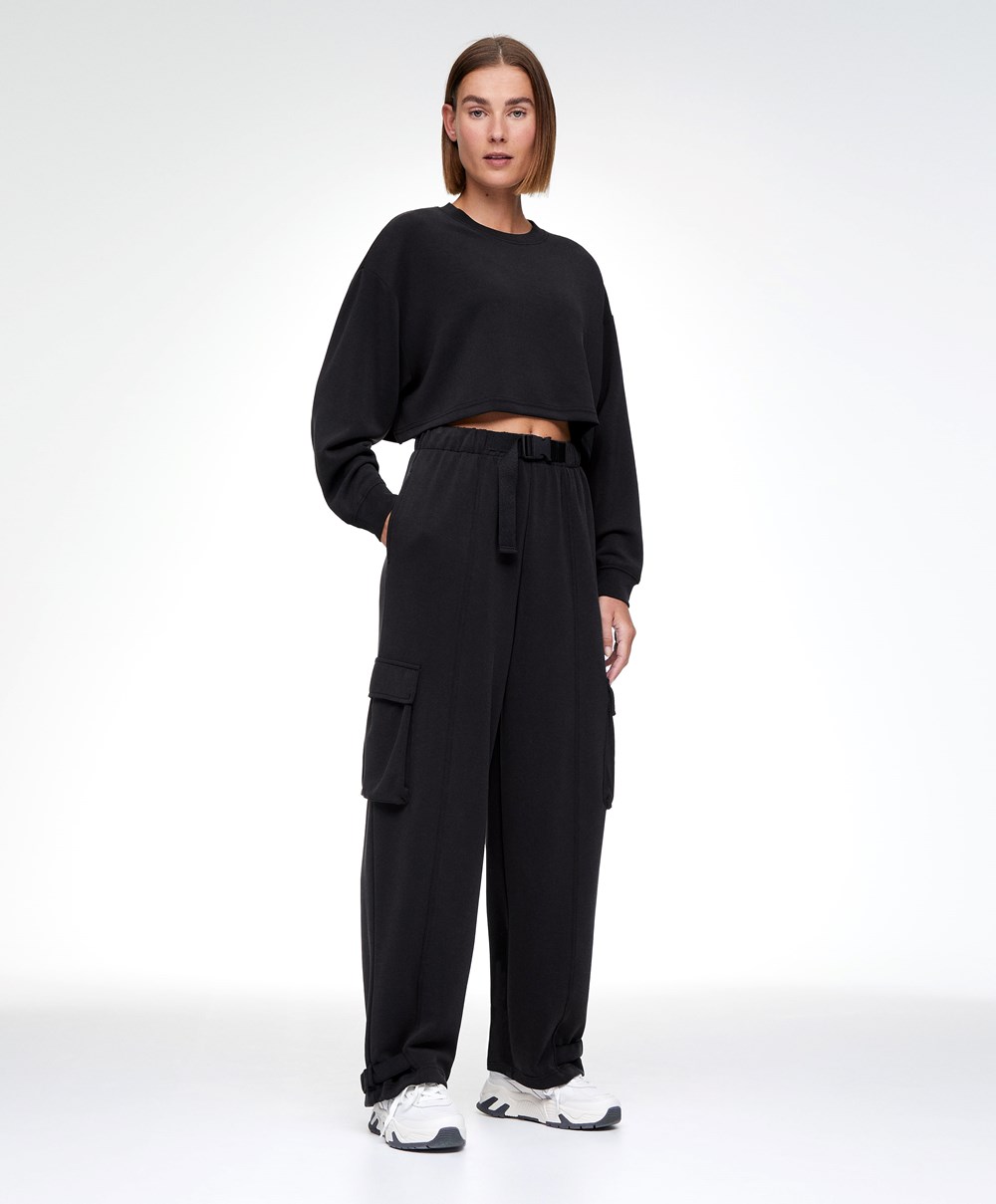 Oysho Modal Cargo Trousers Svarte | PIZW92867