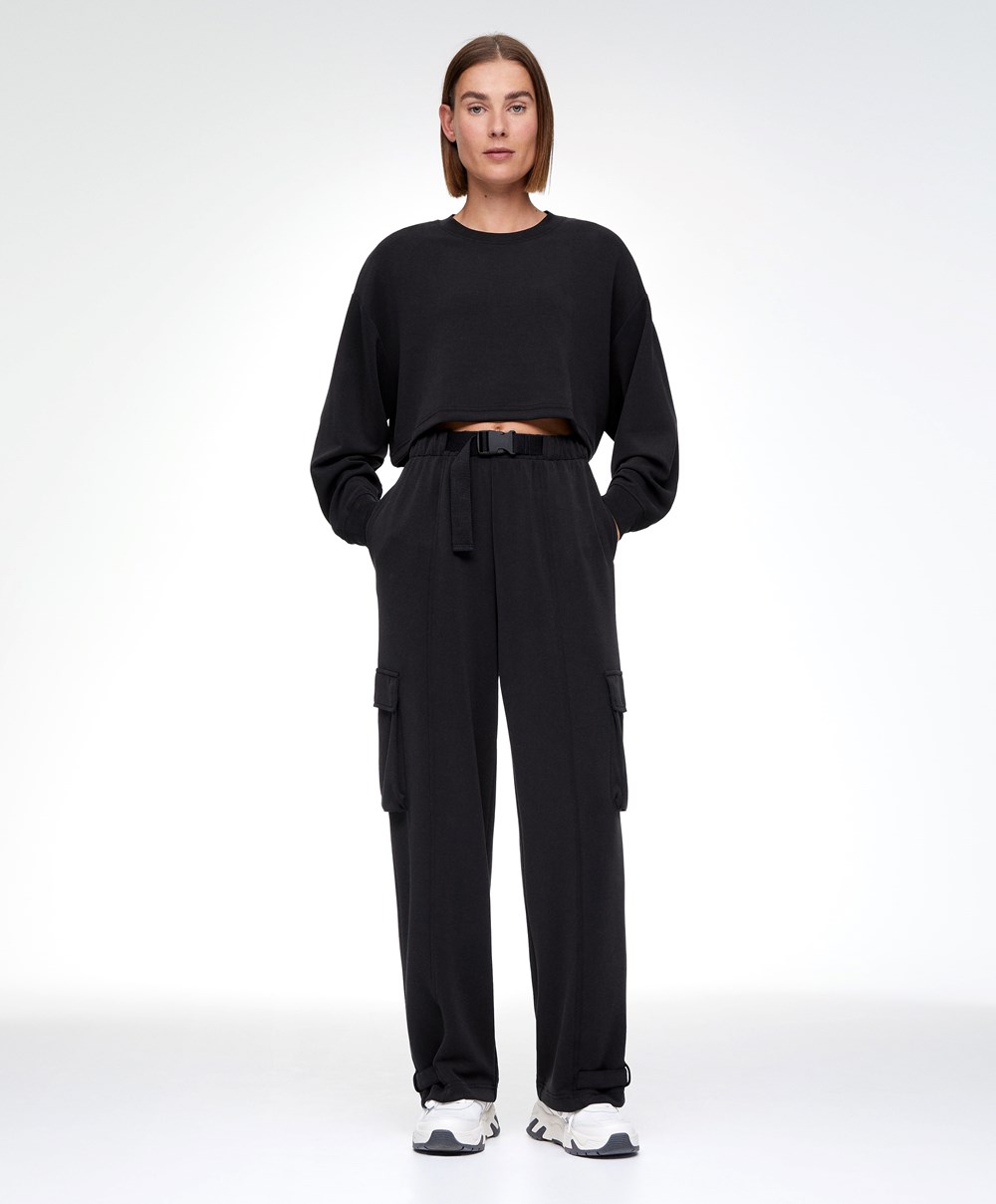 Oysho Modal Cargo Trousers Svarte | PIZW92867