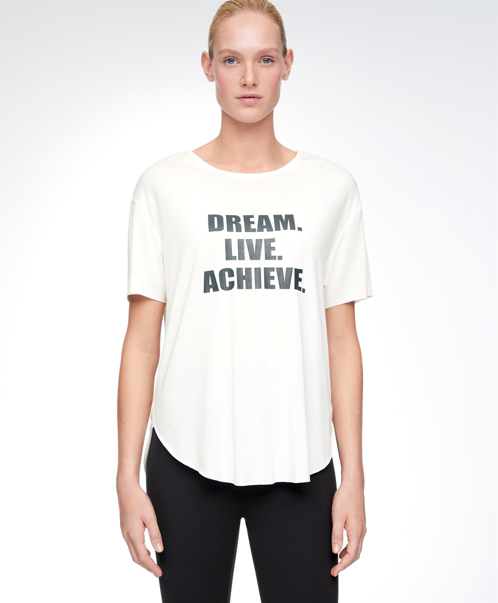 Oysho Modal Kort-sleeved Text T-shirt Ecru | IVBG29341