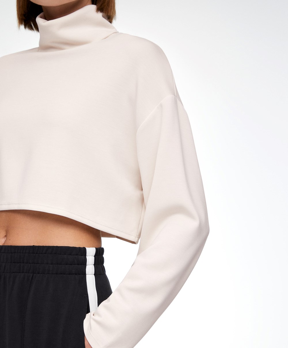 Oysho Modal Roll-neck Crop Sweatshirt Stone | WVMO04389