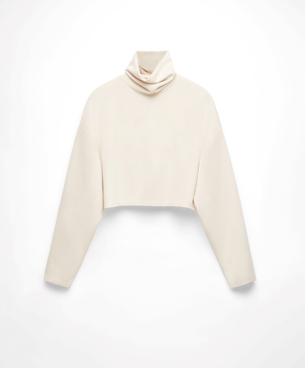 Oysho Modal Roll-neck Crop Sweatshirt Stone | WVMO04389